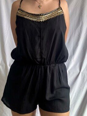 Black Backless Tie Back Romper with Gold Bead Lining